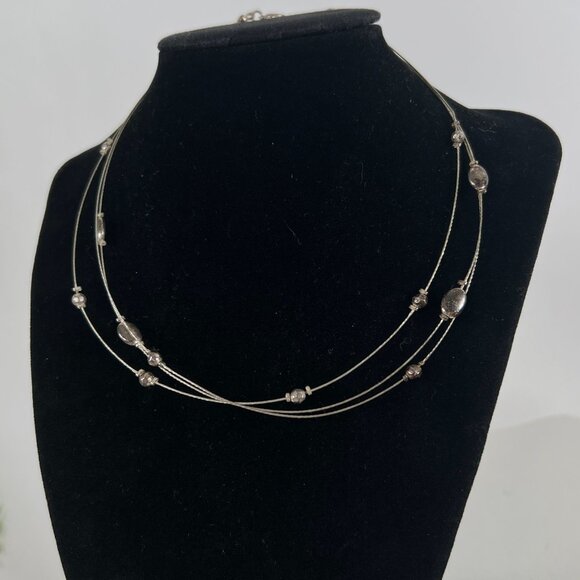 Vintage Y2K Silver Beaded Three Strand Necklace - Minimal Dainty Wire Choker - Picture 2 of 8